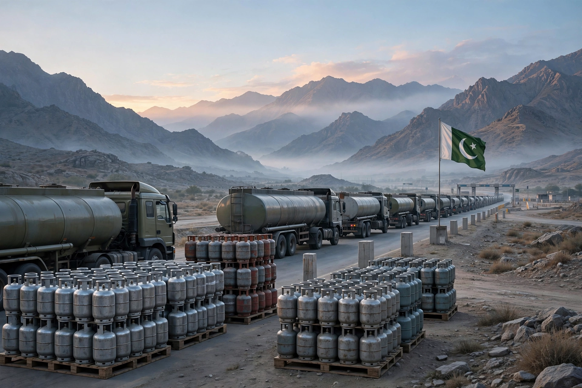 An editorial illustration of LPG gas cylinders and tanker trucks queued at a Pakistan-Iran border crossing at dawn, with mountains in the background and the Pakistani flag, October 2026