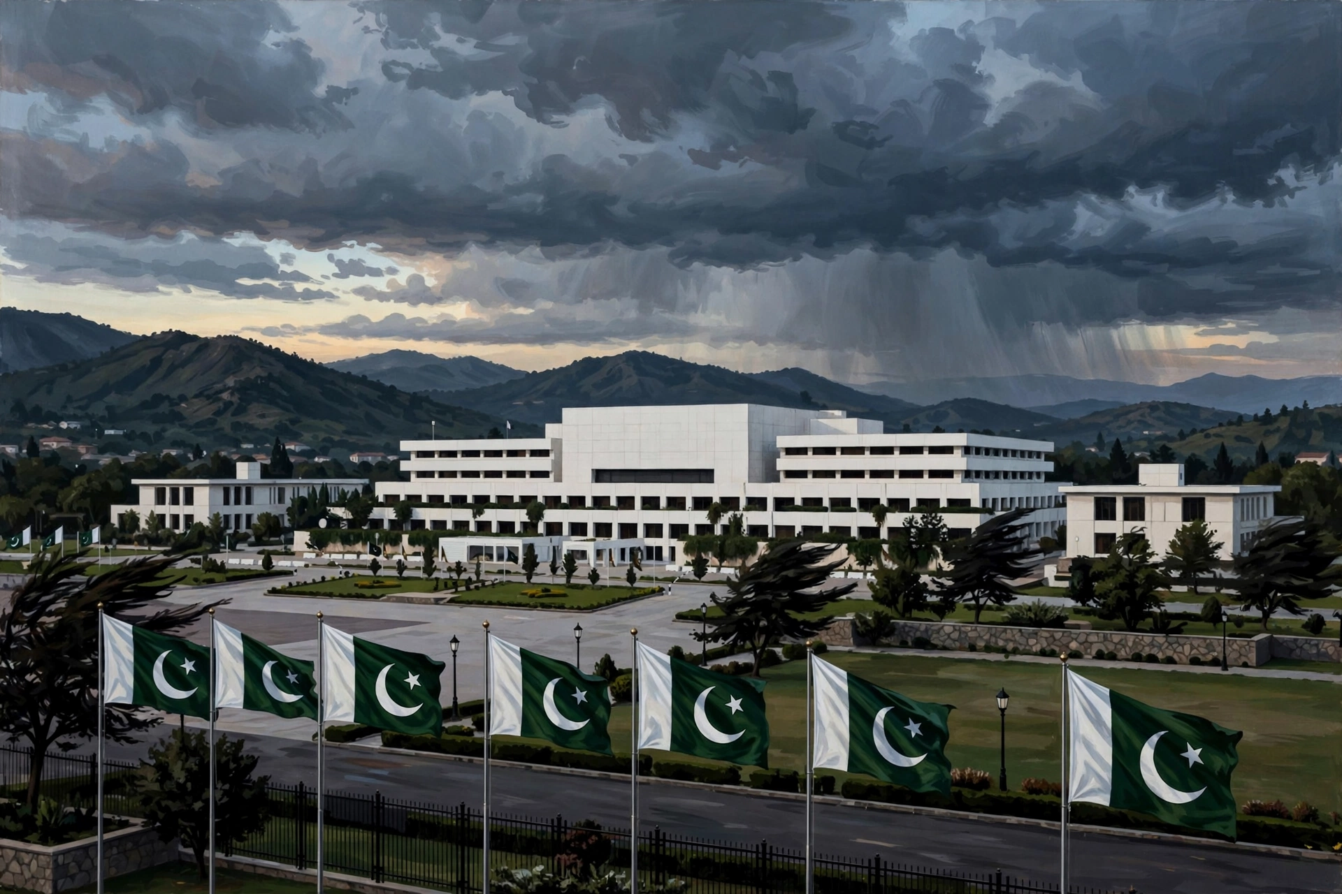 Pakistan's Parliament House in Islamabad with national flags under stormy skies as federal cabinet weighs emergency and governor's rule in KP October 2026