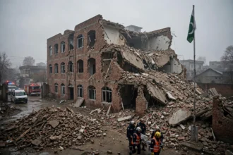 Rescue workers with a stretcher outside the collapsed brick school building in Peshawar at dawn, with emergency vehicles and the Pakistani flag nearby, after the Al-Khair school roof collapse in October 2026