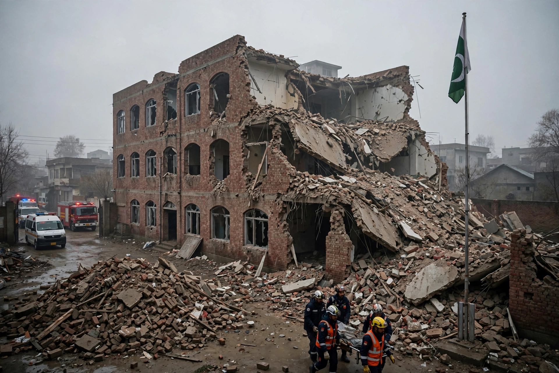 Rescue workers with a stretcher outside the collapsed brick school building in Peshawar at dawn, with emergency vehicles and the Pakistani flag nearby, after the Al-Khair school roof collapse in October 2026