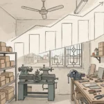 An editorial illustration of a small industrial workshop in Pakistan with a lathe machine, workbench tools and shelved cartons under an ascending bar chart, October 2026