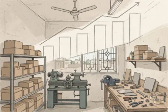 An editorial illustration of a small industrial workshop in Pakistan with a lathe machine, workbench tools and shelved cartons under an ascending bar chart, October 2026