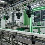 An editorial illustration of a modern Pakistani factory production line with overhead digital monitoring cameras and dashboard screens showing rising charts, October 2026.