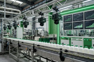 An editorial illustration of a modern Pakistani factory production line with overhead digital monitoring cameras and dashboard screens showing rising charts, October 2026.