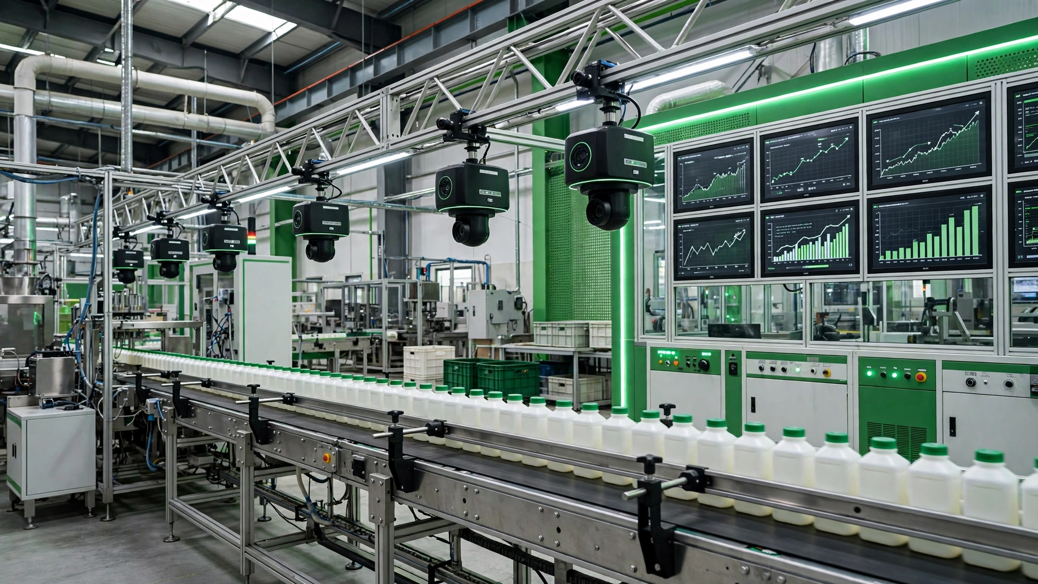 An editorial illustration of a modern Pakistani factory production line with overhead digital monitoring cameras and dashboard screens showing rising charts, October 2026.