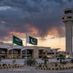 King Khalid International Airport in Riyadh at dusk with Saudi and Pakistani flags as Pakistan condemns the Houthi attack October 2026.