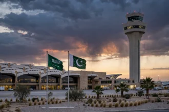 King Khalid International Airport in Riyadh at dusk with Saudi and Pakistani flags as Pakistan condemns the Houthi attack October 2026.