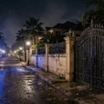 A police vehicle with flashing blue lights parked outside an ornate bungalow gate on a residential street in Karachi's DHA area at night, after a narcotics raid on the family home of PPP MNA Aijaz Jakhrani in October 2026