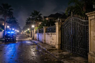 A police vehicle with flashing blue lights parked outside an ornate bungalow gate on a residential street in Karachi's DHA area at night, after a narcotics raid on the family home of PPP MNA Aijaz Jakhrani in October 2026