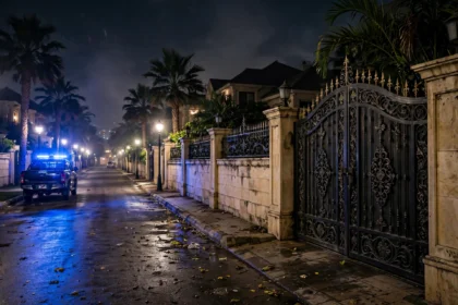 A police vehicle with flashing blue lights parked outside an ornate bungalow gate on a residential street in Karachi's DHA area at night, after a narcotics raid on the family home of PPP MNA Aijaz Jakhrani in October 2026