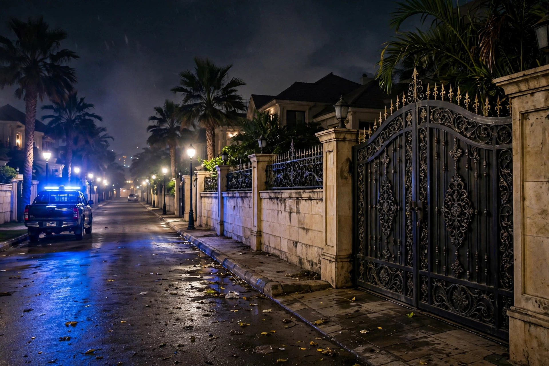 A police vehicle with flashing blue lights parked outside an ornate bungalow gate on a residential street in Karachi's DHA area at night, after a narcotics raid on the family home of PPP MNA Aijaz Jakhrani in October 2026