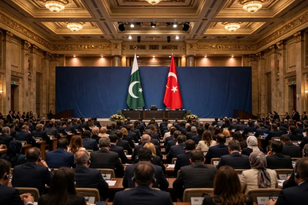 Delegates seated in a grand conference hall in Istanbul with the flags of Pakistan and Turkiye displayed on stage during the International Justice Summit 2026