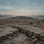An editorial illustration of an arid Balochistan plateau at dawn with a small hilltop settlement, a jagged crack through the foreground earth and faint seismic-wave rings radiating across the sky, October 2026