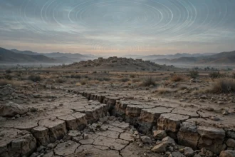 An editorial illustration of an arid Balochistan plateau at dawn with a small hilltop settlement, a jagged crack through the foreground earth and faint seismic-wave rings radiating across the sky, October 2026