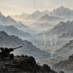 An editorial illustration of rugged border mountains at dawn with smoke rising from distant border posts in a valley and a silhouetted artillery gun on a ridge in the foreground, October 2026