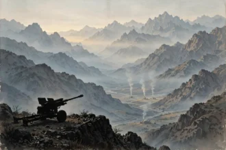 An editorial illustration of rugged border mountains at dawn with smoke rising from distant border posts in a valley and a silhouetted artillery gun on a ridge in the foreground, October 2026