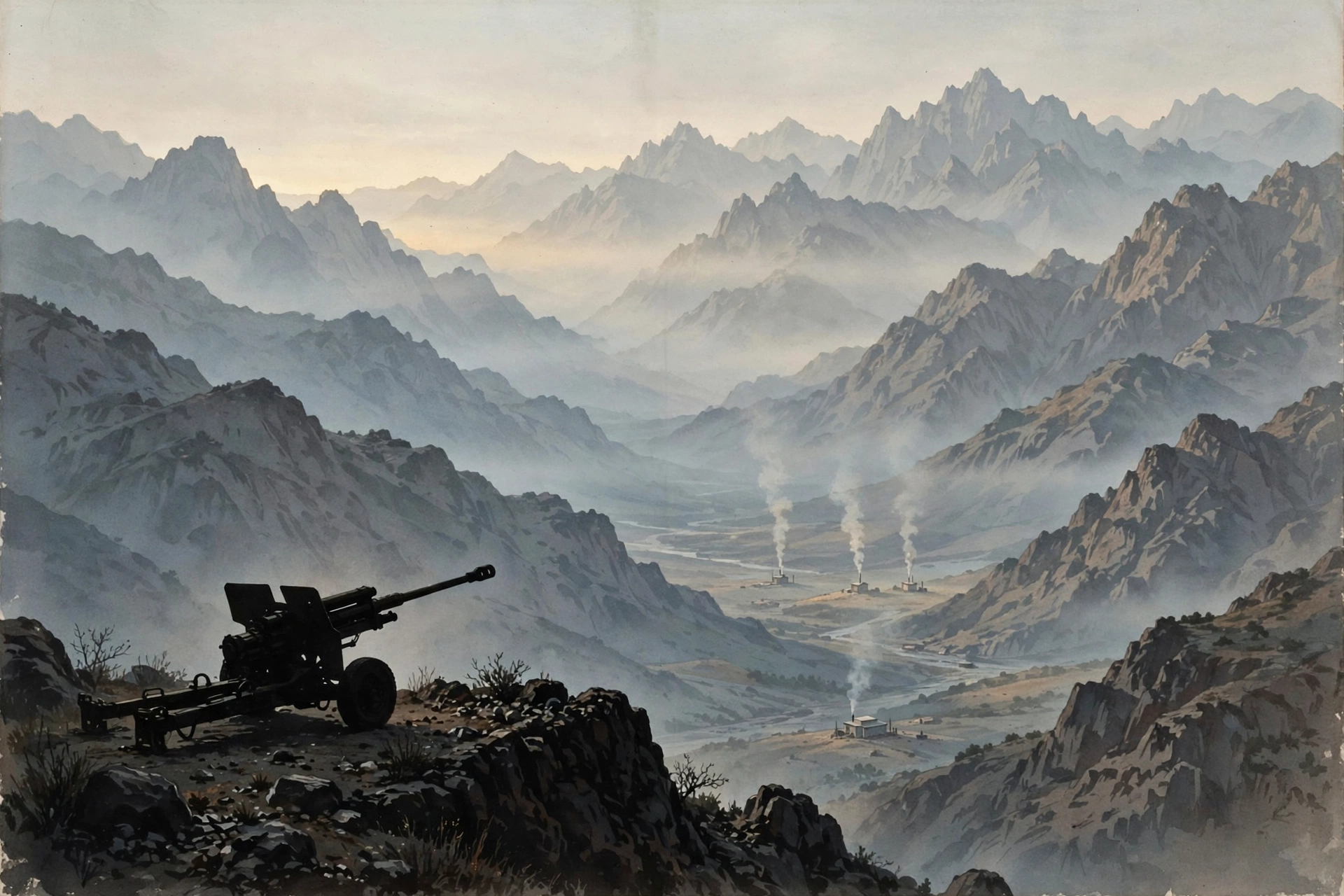 An editorial illustration of rugged border mountains at dawn with smoke rising from distant border posts in a valley and a silhouetted artillery gun on a ridge in the foreground, October 2026