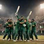 Pakistan cricketers celebrating their T20I series win over Sri Lanka under floodlights at Rawalpindi Cricket Stadium.