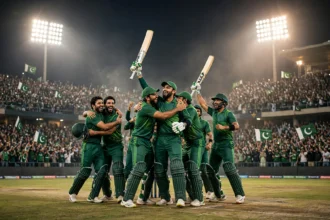 Pakistan cricketers celebrating their T20I series win over Sri Lanka under floodlights at Rawalpindi Cricket Stadium.