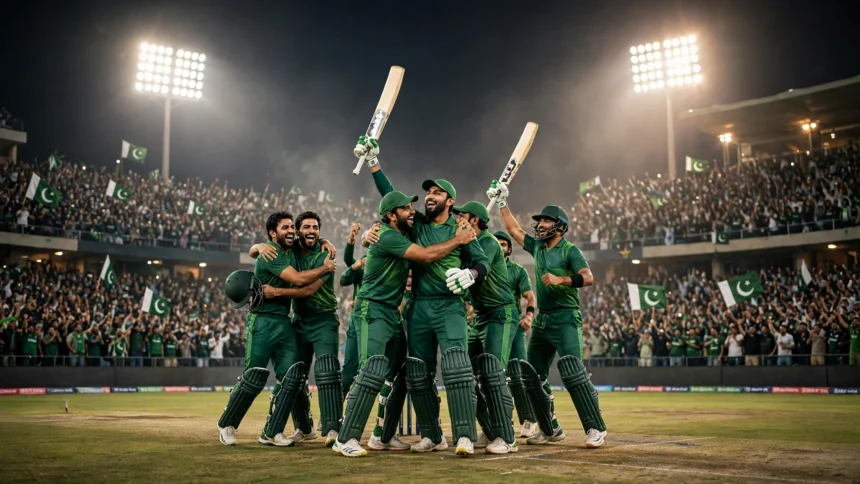 Pakistan cricketers celebrating their T20I series win over Sri Lanka under floodlights at Rawalpindi Cricket Stadium.