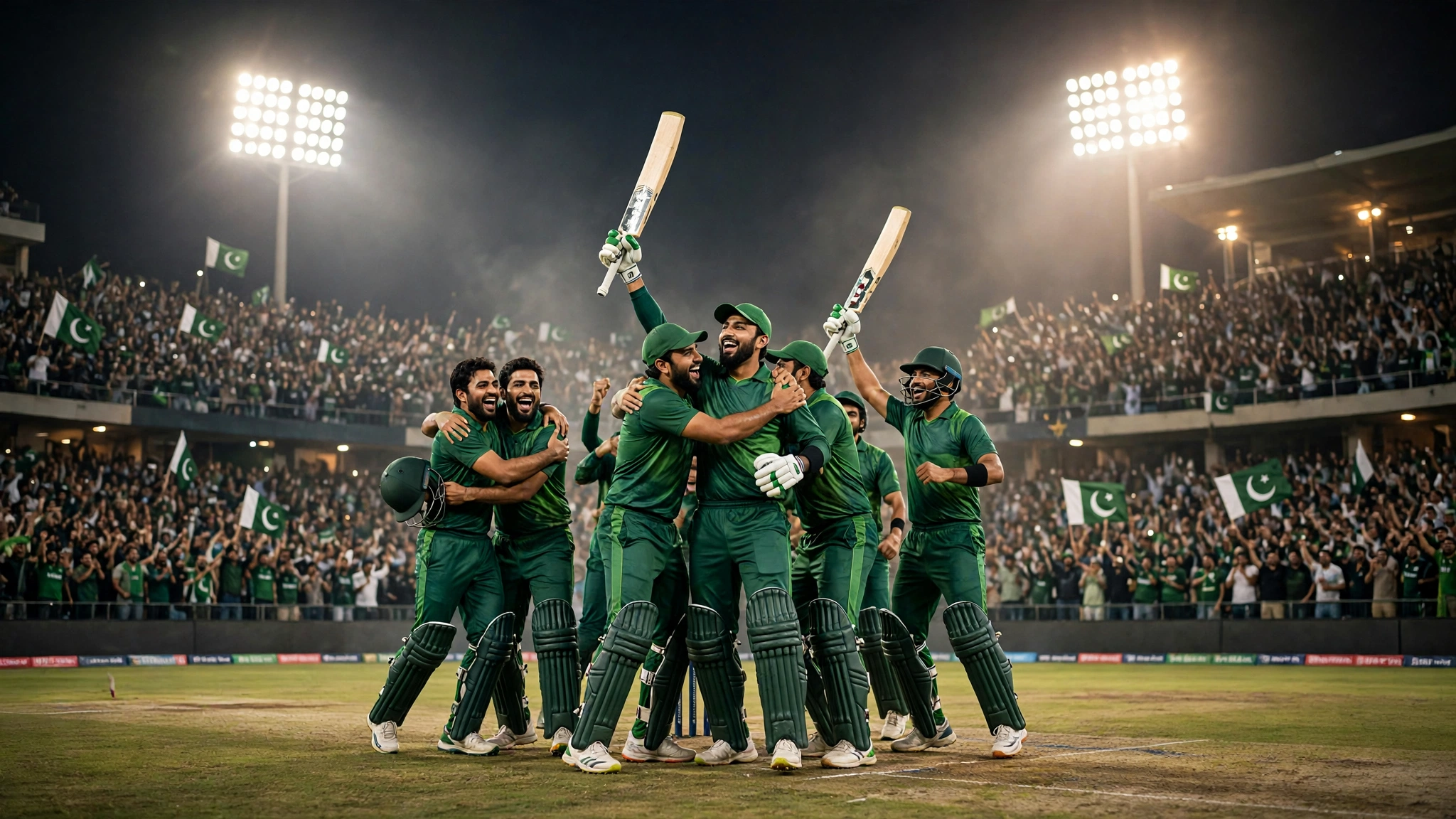 Pakistan cricketers celebrating their T20I series win over Sri Lanka under floodlights at Rawalpindi Cricket Stadium.
