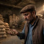 A flour miller examines a handful of poor-quality wheat grain inside a dim government warehouse in Sindh surrounded by stacked jute sacks, October 2026.