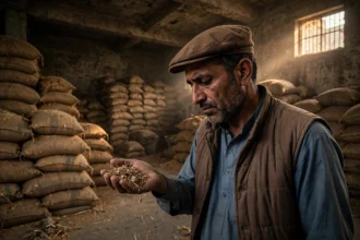 A flour miller examines a handful of poor-quality wheat grain inside a dim government warehouse in Sindh surrounded by stacked jute sacks, October 2026.