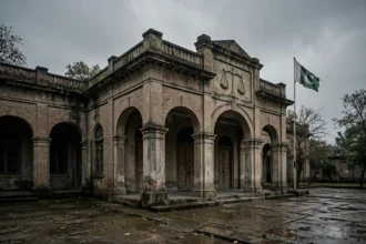An old Pakistani district courthouse with a scales-of-justice relief and the Pakistani flag under a grey overcast sky, October 2026