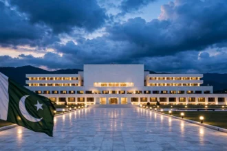 An editorial illustration of Pakistan's Parliament House in Islamabad at dusk, with the Pakistani national flag waving in the foreground under a dramatic cloudy sky, October 2026