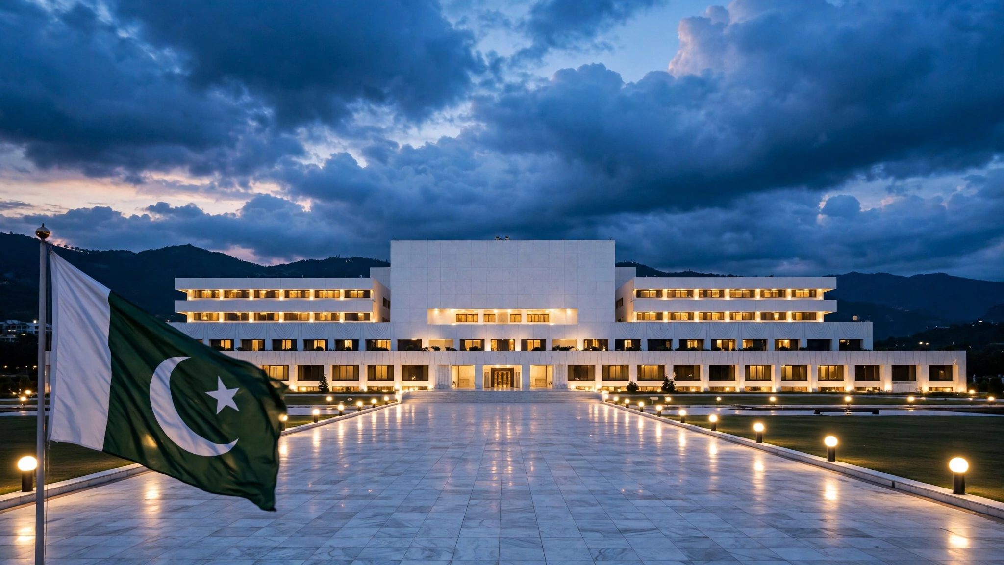 An editorial illustration of Pakistan's Parliament House in Islamabad at dusk, with the Pakistani national flag waving in the foreground under a dramatic cloudy sky, October 2026