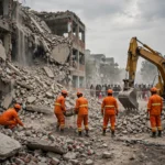 Rescue workers and heavy machinery clearing rubble at a collapsed school building in Peshawar on October 15, 2026, as onlookers watch from a distance during the ongoing rescue operation
