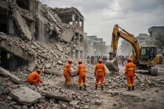 Rescue workers and heavy machinery clearing rubble at a collapsed school building in Peshawar on October 15, 2026, as onlookers watch from a distance during the ongoing rescue operation