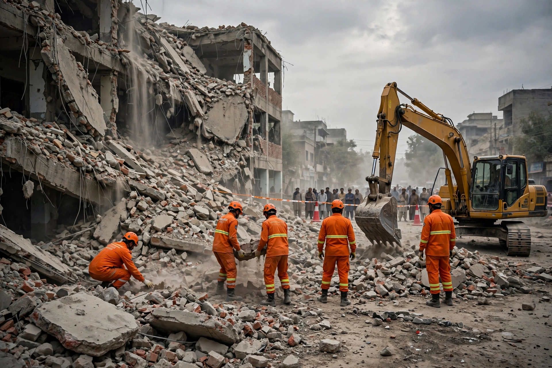 Rescue workers and heavy machinery clearing rubble at a collapsed school building in Peshawar on October 15, 2026, as onlookers watch from a distance during the ongoing rescue operation