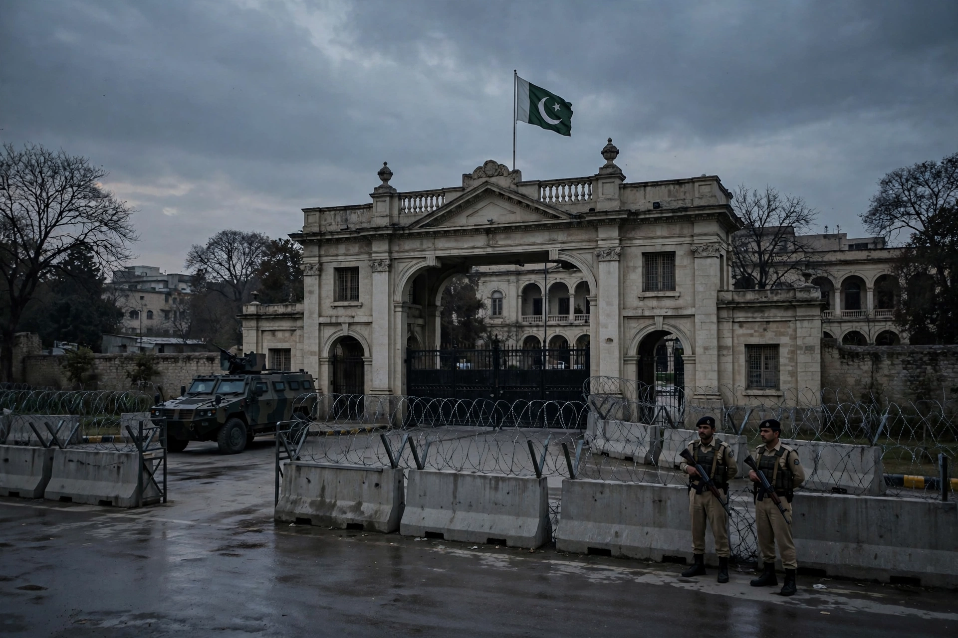 Security personnel near barbed-wire barricades outside a Khyber Pakhtunkhwa government building in Peshawar after CM Sohail Afridi was taken into preventive custody in October 2026