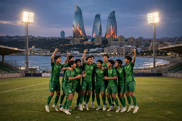 A youth football team in green jerseys celebrating on a floodlit stadium pitch at dusk with Baku's Flame Towers skyline and the Caspian Sea in the background, October 2026.