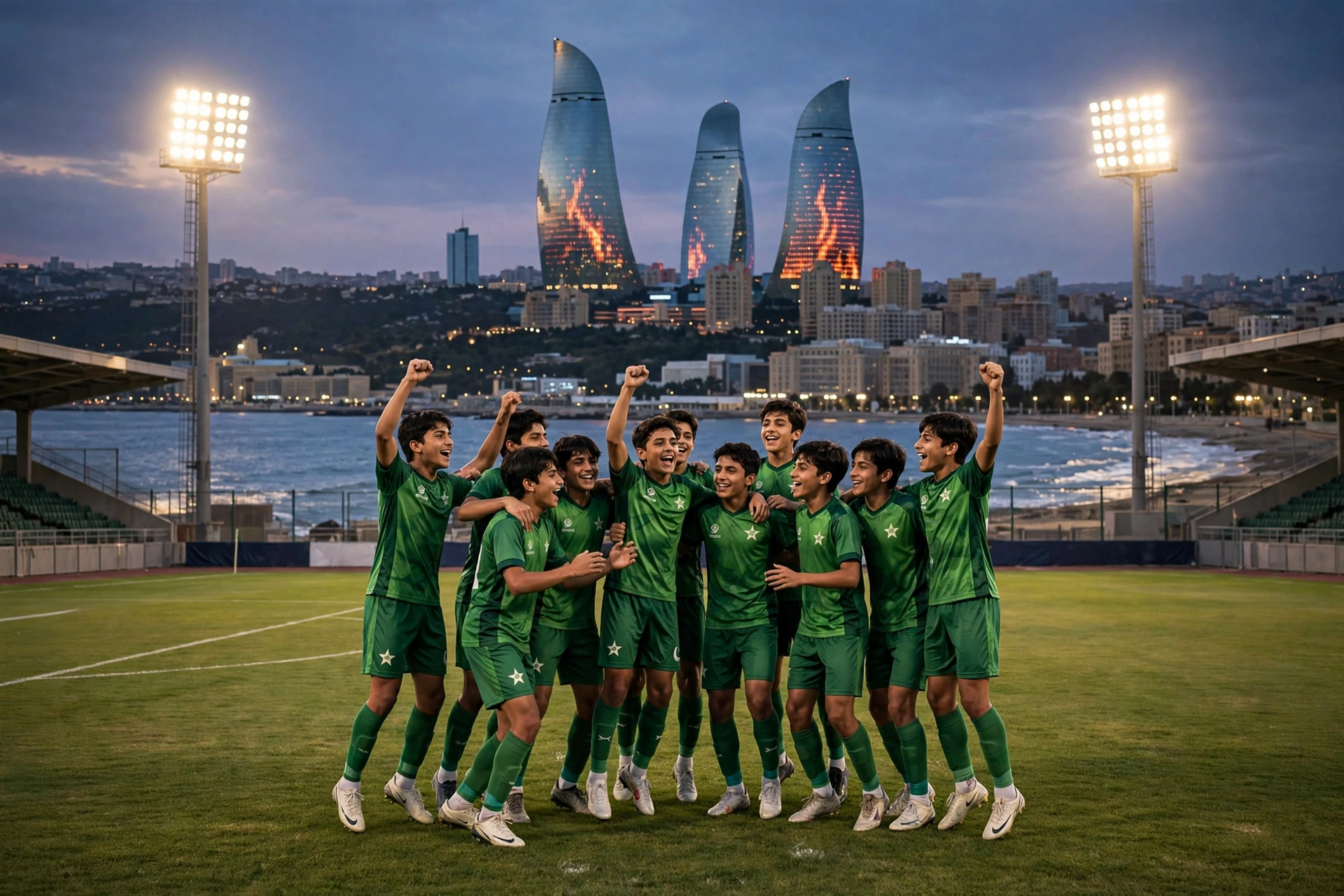 A youth football team in green jerseys celebrating on a floodlit stadium pitch at dusk with Baku's Flame Towers skyline and the Caspian Sea in the background, October 2026.
