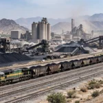 A green and yellow freight locomotive pulling open coal wagons past a cement plant with silos, coal piles and conveyor belts under a hazy daytime sky, October 2026