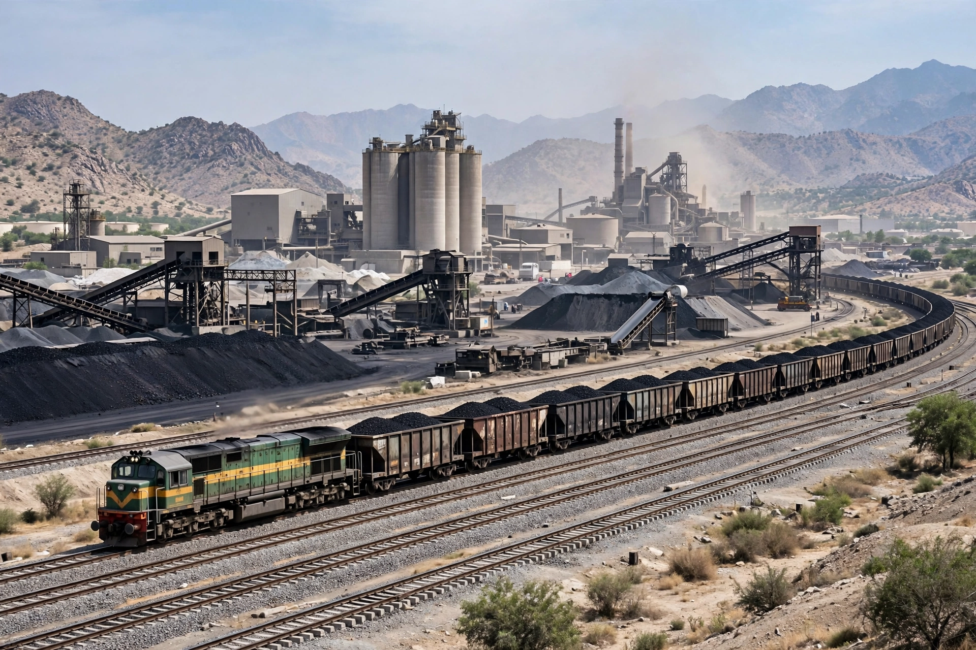 A green and yellow freight locomotive pulling open coal wagons past a cement plant with silos, coal piles and conveyor belts under a hazy daytime sky, October 2026