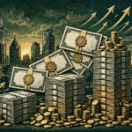 An editorial illustration of sealed bond certificates and rising stacks of banknotes and gold coins forming a bar chart, with golden upward arrows and a Gulf city skyline with a domed mosque at dusk in the background, October 2026
