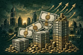 An editorial illustration of sealed bond certificates and rising stacks of banknotes and gold coins forming a bar chart, with golden upward arrows and a Gulf city skyline with a domed mosque at dusk in the background, October 2026