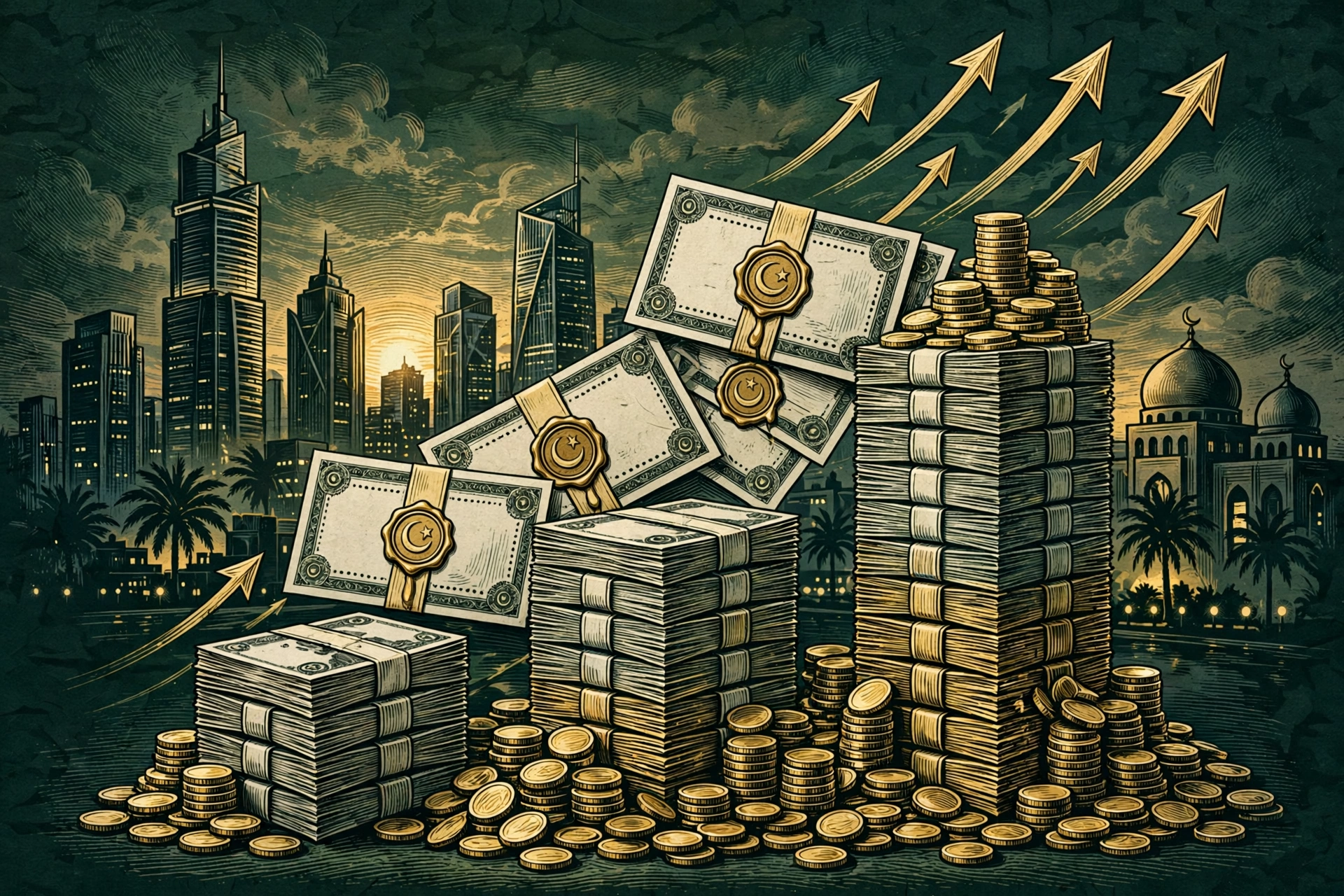 An editorial illustration of sealed bond certificates and rising stacks of banknotes and gold coins forming a bar chart, with golden upward arrows and a Gulf city skyline with a domed mosque at dusk in the background, October 2026