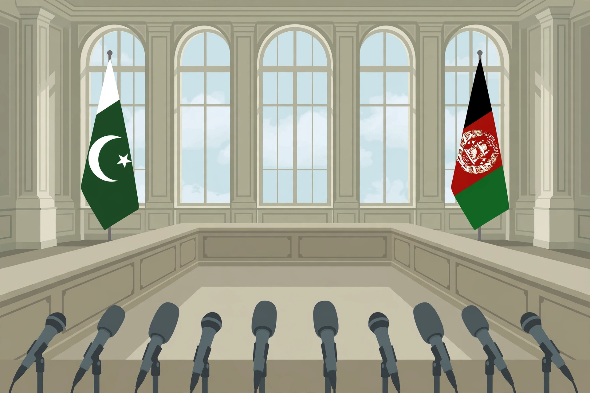 An editorial illustration of the Pakistan and Afghanistan flags facing each other across an empty diplomatic negotiating table, with a row of press microphones in the foreground, October 2026