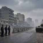 Police personnel near barbed wire barricades on a Karachi road as Section 144 bans rallies and protests across Sindh till October 20 2026