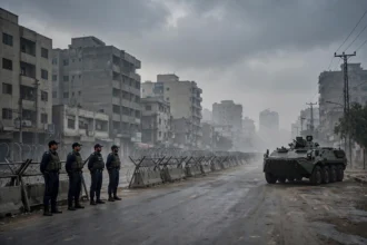Police personnel near barbed wire barricades on a Karachi road as Section 144 bans rallies and protests across Sindh till October 20 2026