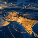 An editorial illustration of a commercial airliner flying over a stylised map of South Asia at dusk, with glowing flight-path arcs curving southward around the subcontinent, October 2026