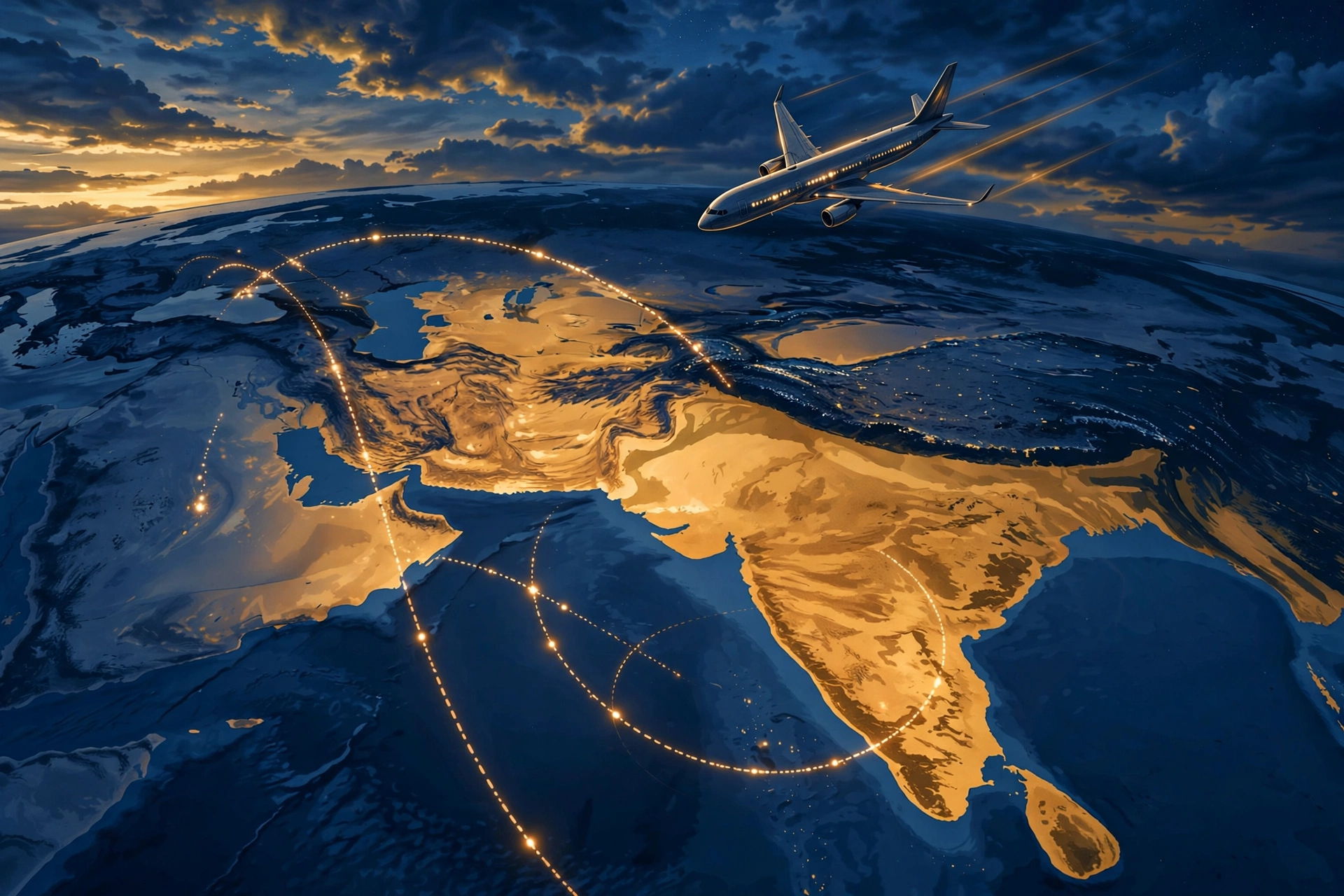 An editorial illustration of a commercial airliner flying over a stylised map of South Asia at dusk, with glowing flight-path arcs curving southward around the subcontinent, October 2026