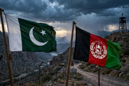 Flags of Pakistan and Afghanistan at a fenced mountain border crossing at dusk as Deputy PM Ishaq Dar warns the Afghan Taliban regime of consequences over terrorism inaction, October 2026
