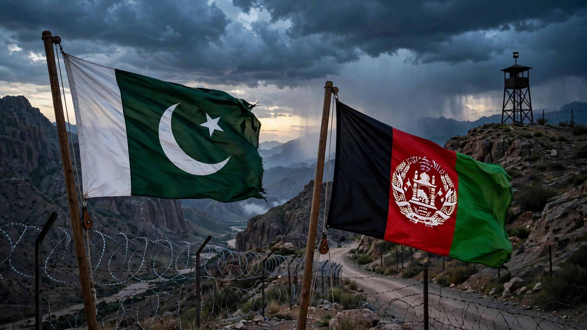 Flags of Pakistan and Afghanistan at a fenced mountain border crossing at dusk as Deputy PM Ishaq Dar warns the Afghan Taliban regime of consequences over terrorism inaction, October 2026