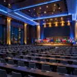 A grand international conference hall set for the IMF and World Bank Annual Meetings, with rows of delegate desks and national flags behind a raised plenary stage, October 2026
