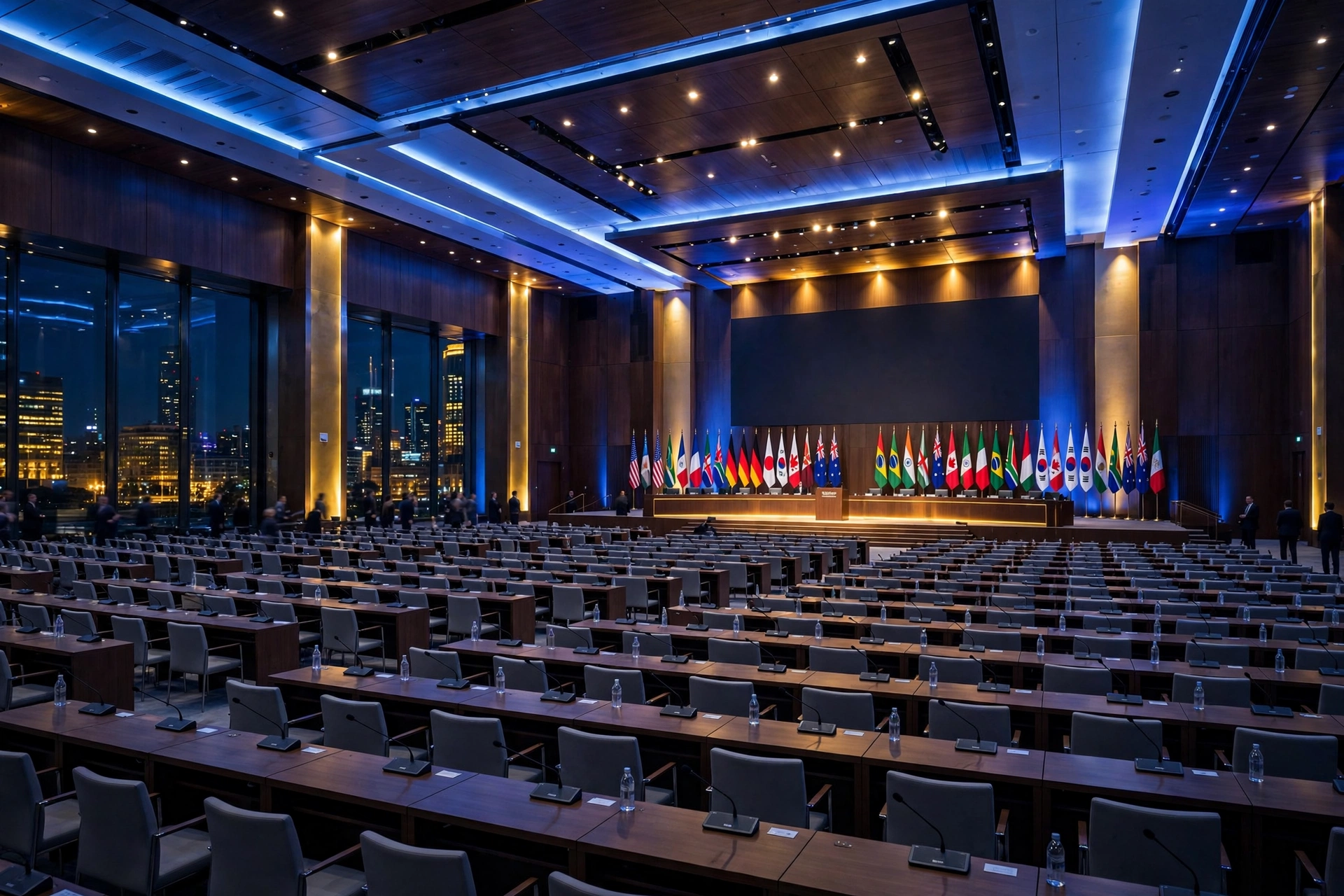A grand international conference hall set for the IMF and World Bank Annual Meetings, with rows of delegate desks and national flags behind a raised plenary stage, October 2026